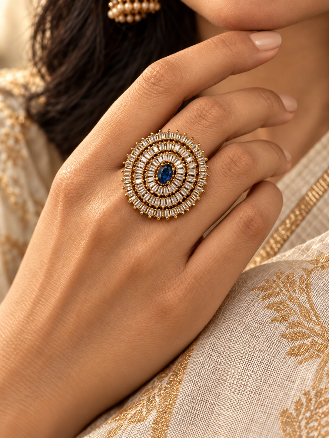Antique Gold Plated Blue AD Finger Ring for Women
