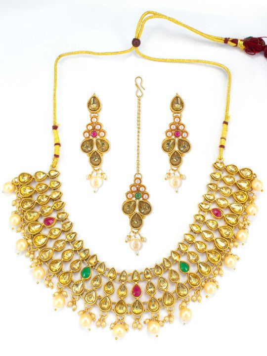 Gold Plated Kundan Studded Jewellary Set With Maangtika
