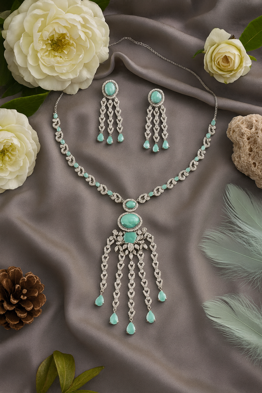 Silver Plated Mint Green AD Designer Jewellery Set