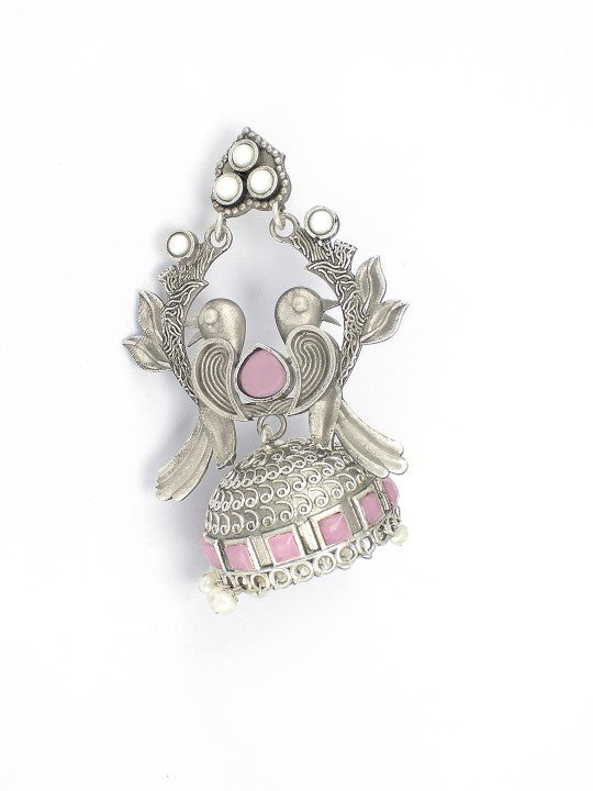 Silver Plated Artificial Beads & Stones Studded Bird Shaped Jhumka Earrings