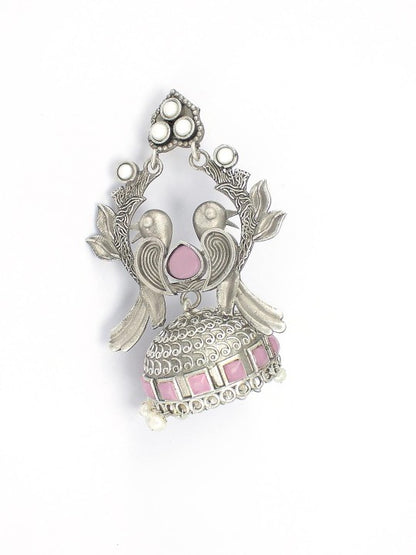 Silver Plated Artificial Beads & Stones Studded Bird Shaped Jhumka Earrings