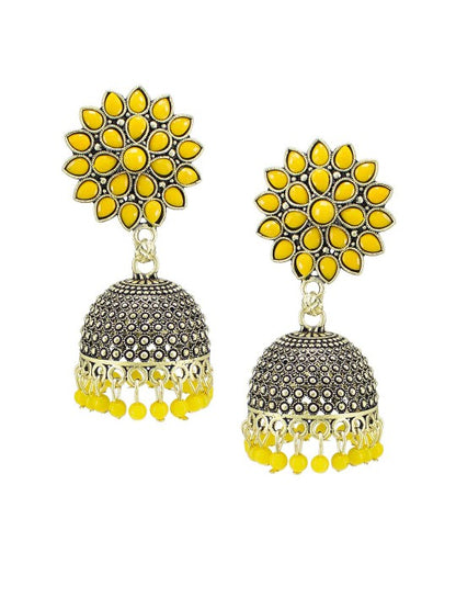 Gold Plated Yellow Artificial Stones Studded Jhumka Earrings