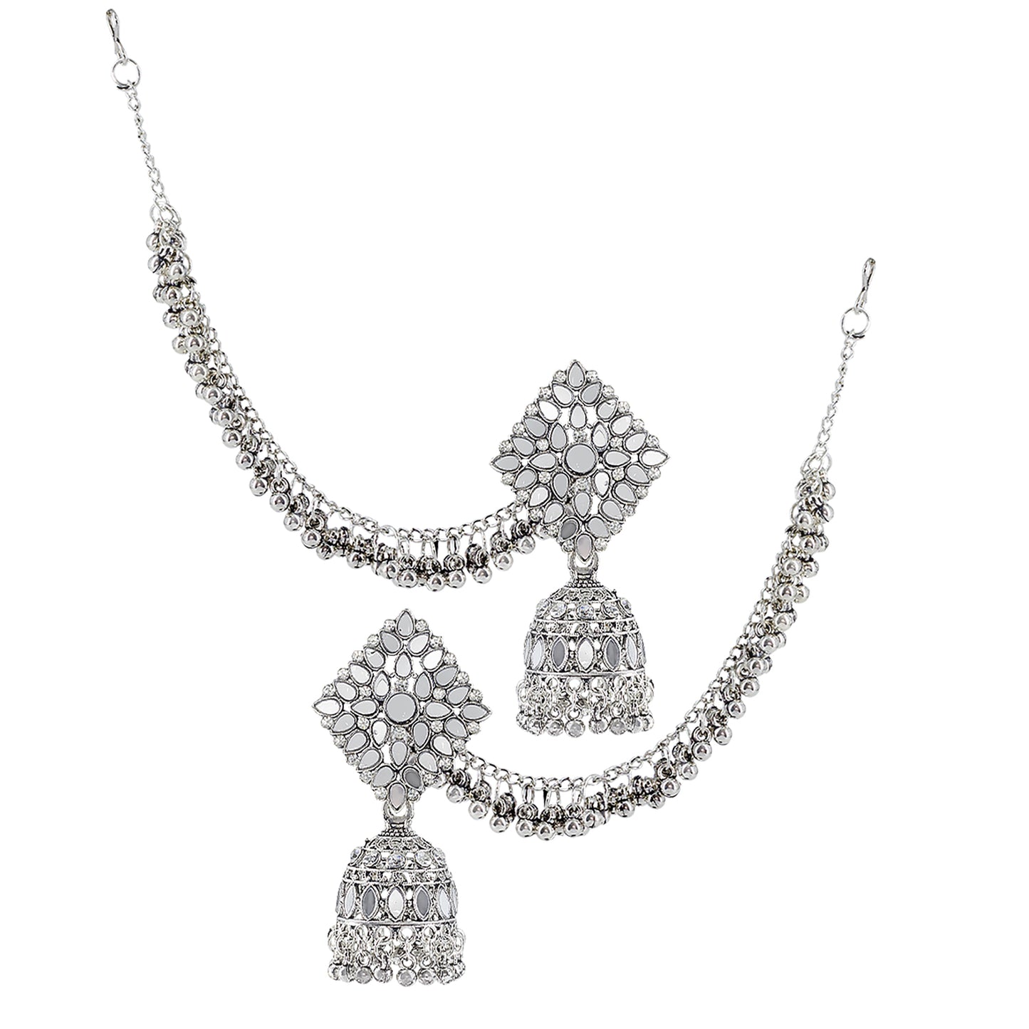 Mirror-Studded Jhumka Earrings With Chain