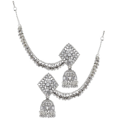 Mirror-Studded Jhumka Earrings With Chain