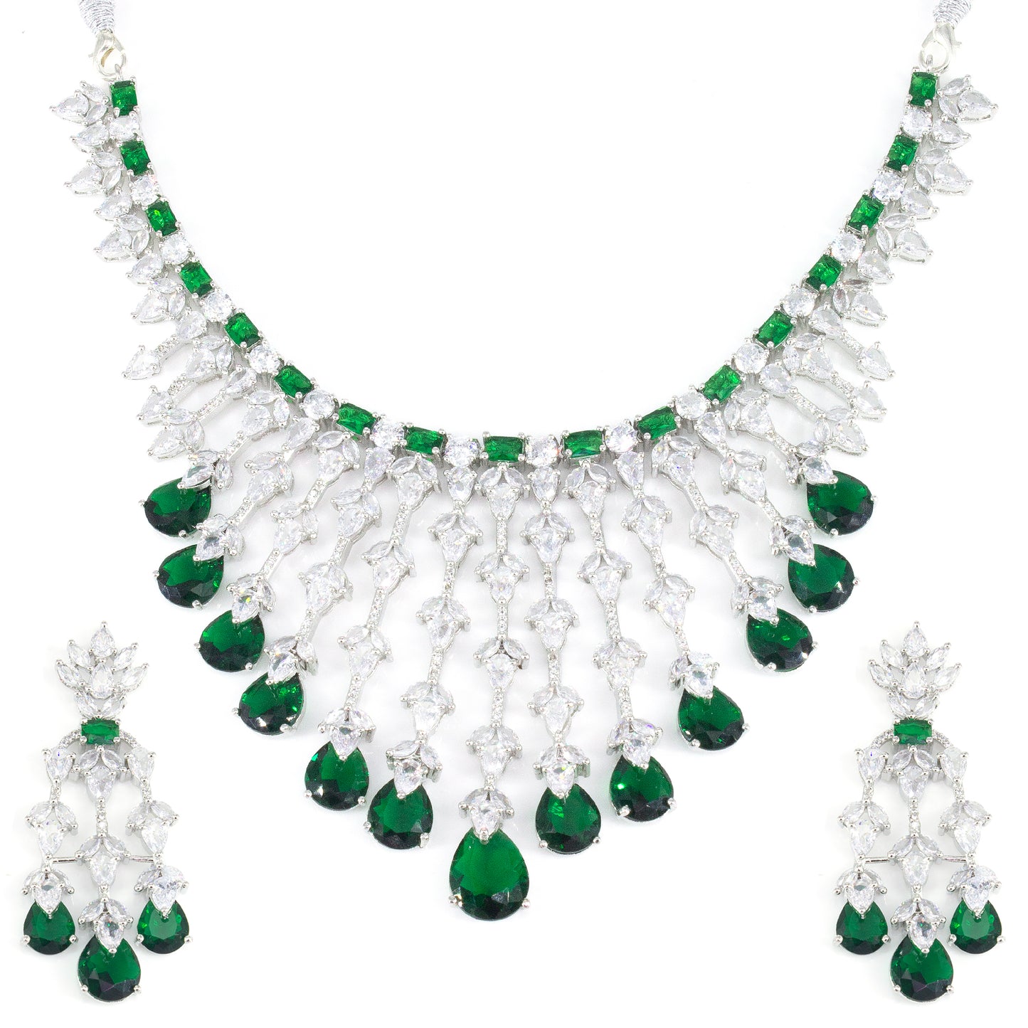 Silver Plated Green American Diamond Semi-Bridal Jewellery Set