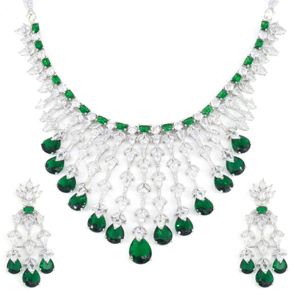 Silver Plated Green American Diamond Semi-Bridal Jewellery Set