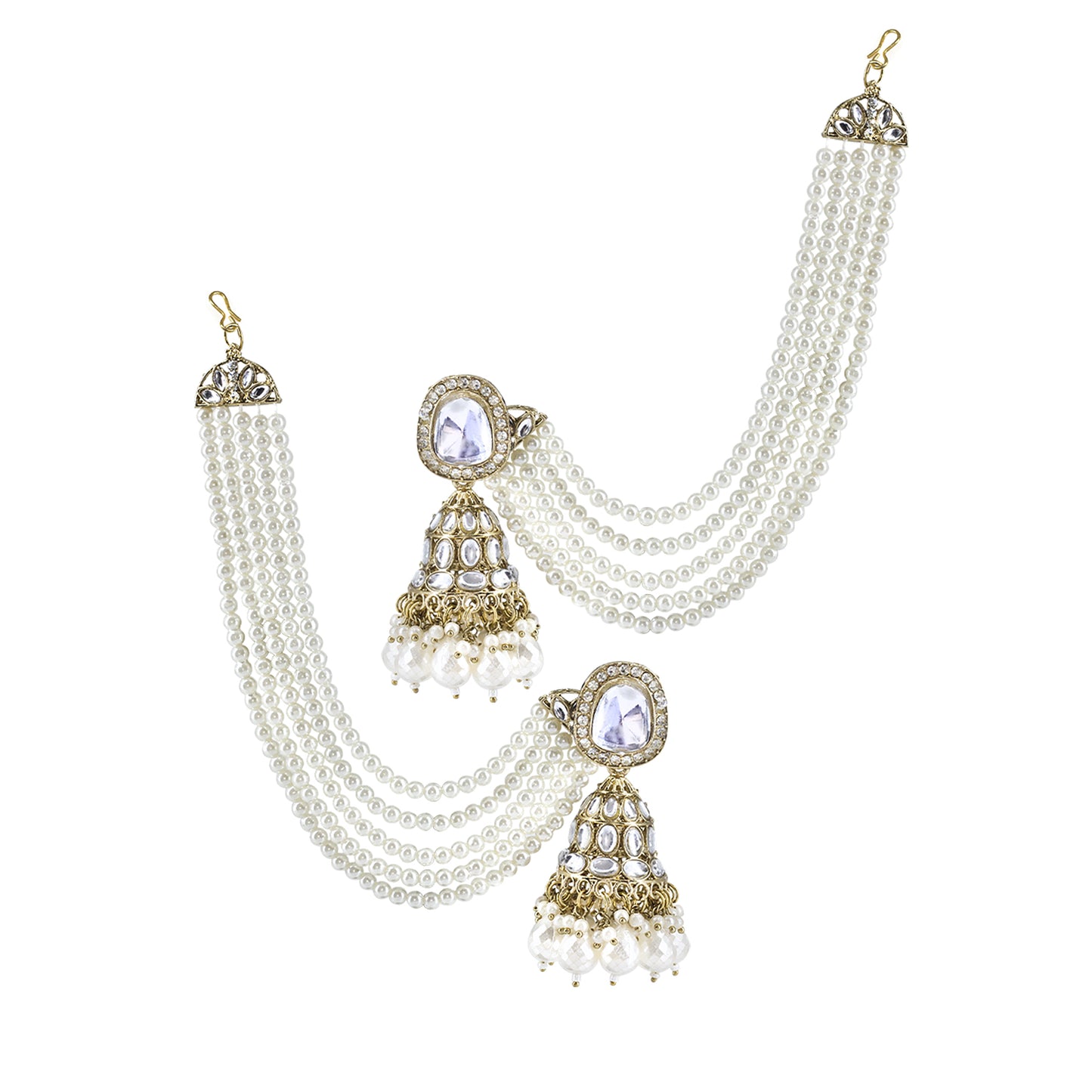 Kundan-Studded & Beaded Jhumka Earrings With Chain
