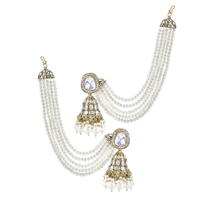 Kundan-Studded & Beaded Jhumka Earrings With Chain