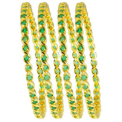 Set Of 4 Gold-Plated Green American Diamond Studded Bangles
