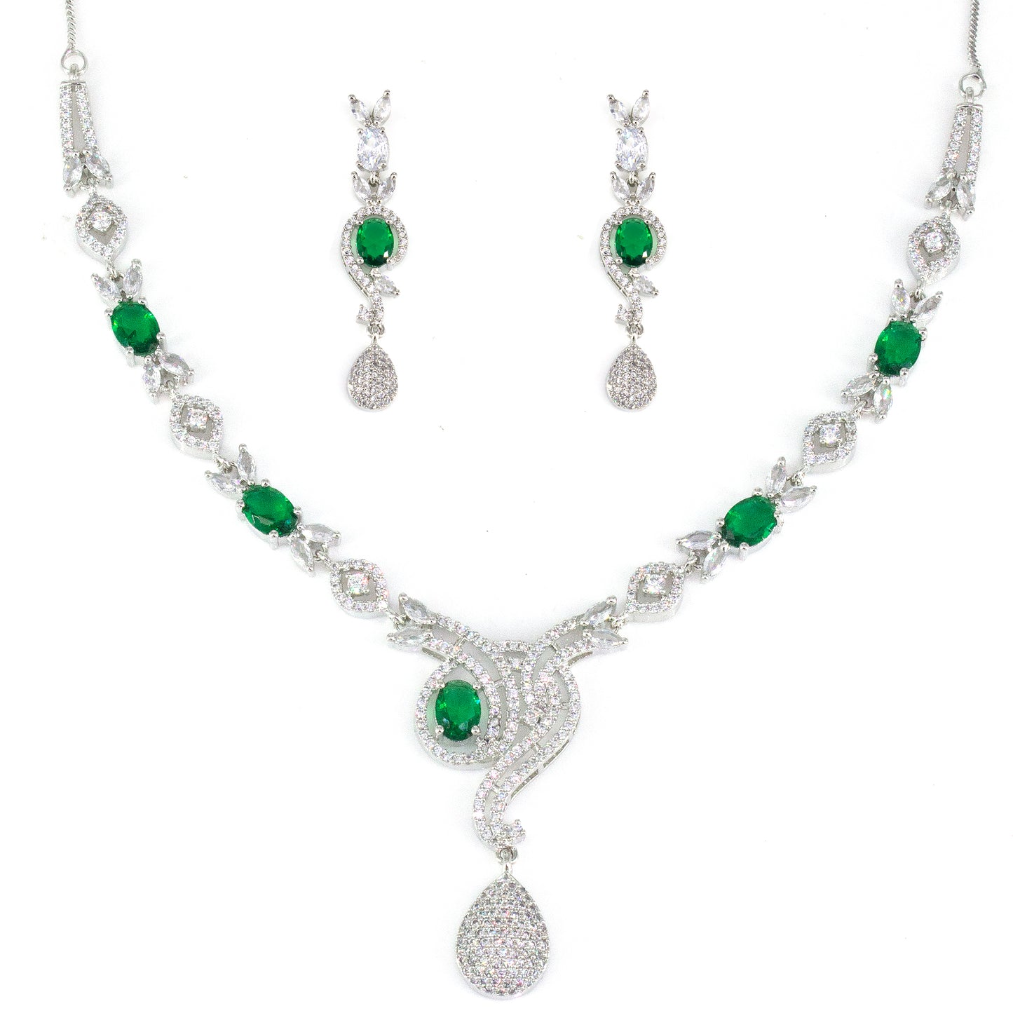 Silver Plated Green Designer AD Jewellery Set