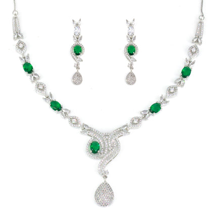 Silver Plated Green Designer AD Jewellery Set