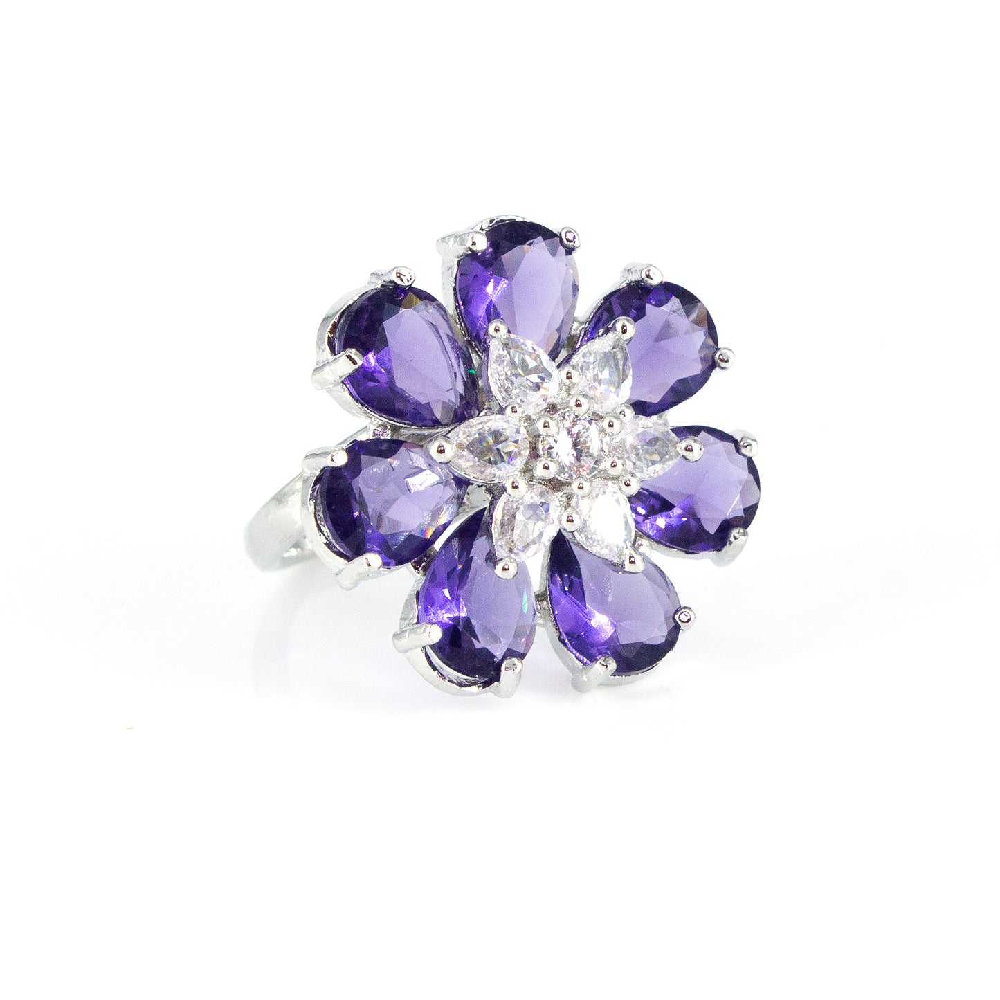 Silver Plated Purple Floral AD Adjustable Ring For Women