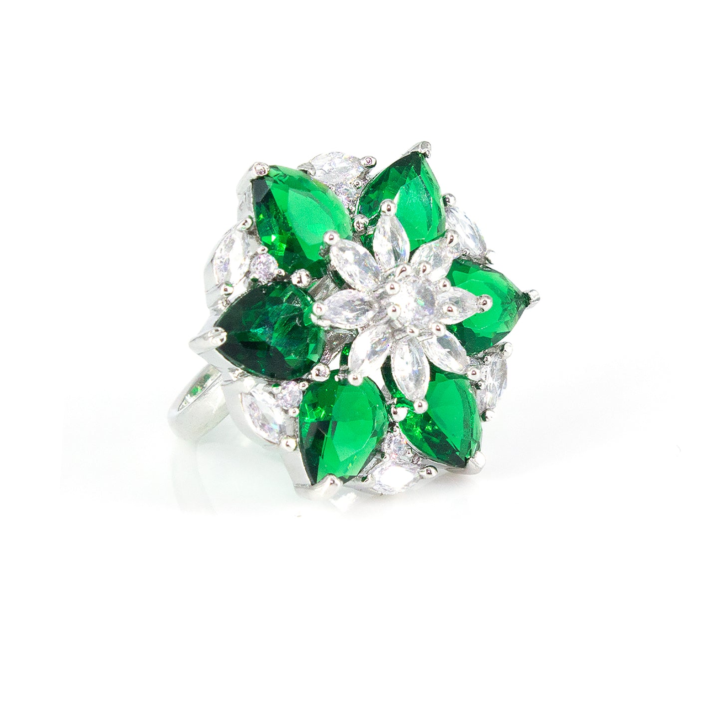 Silver Plated Green Floral AD Adjustable Ring For Women