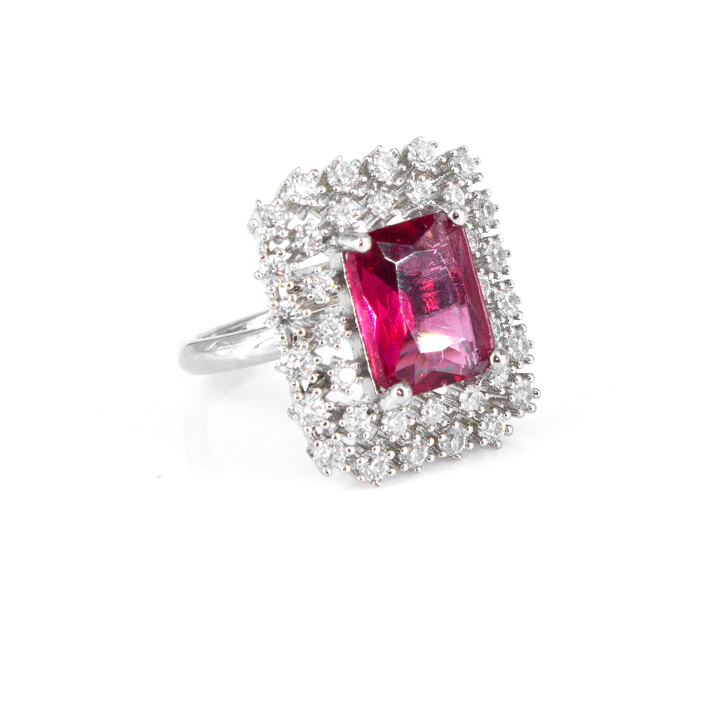 Silver Plated Red Square AD Adjustable Ring For Women