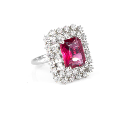 Silver Plated Red Square AD Adjustable Ring For Women