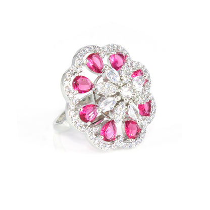 Silver Plated Red Floral AD Adjustable Ring For Women