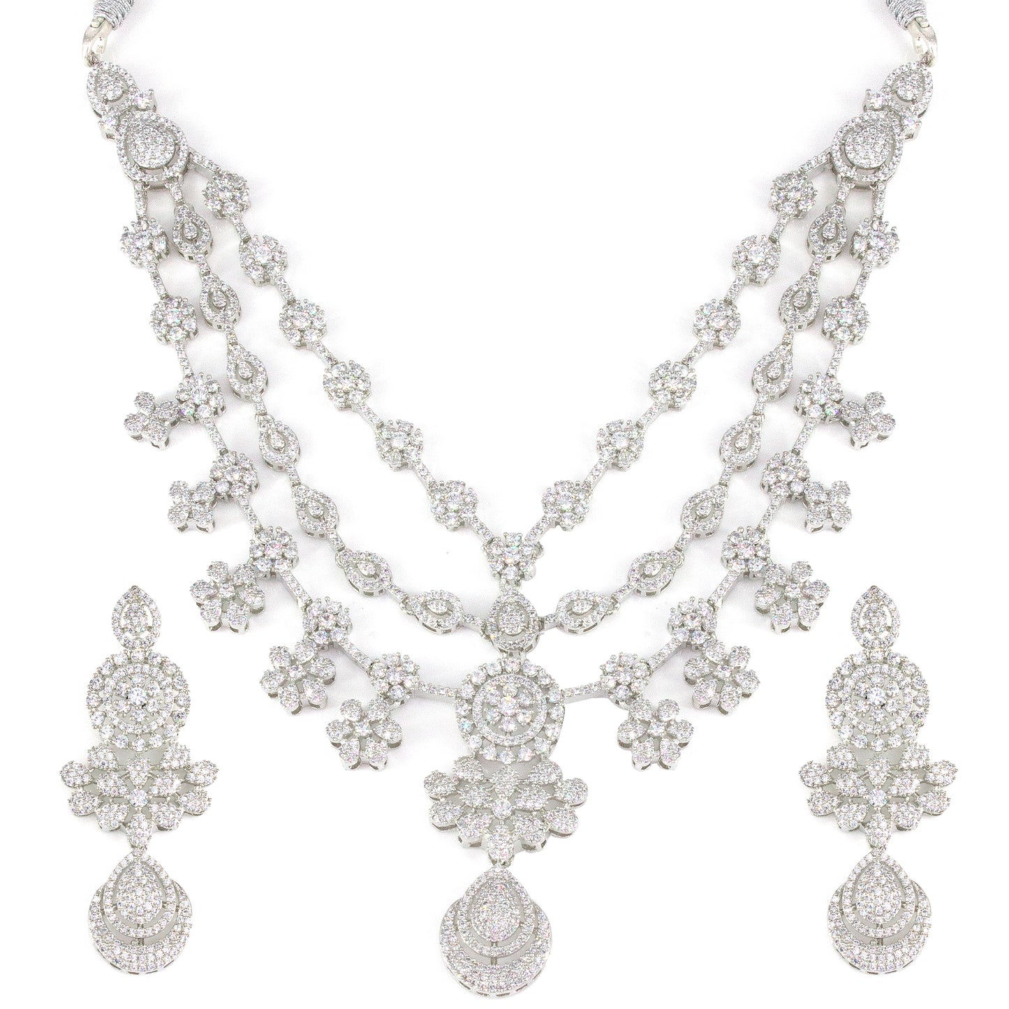 Silver Plated 3 Layer Cocktail AD Designer Jewellery Set