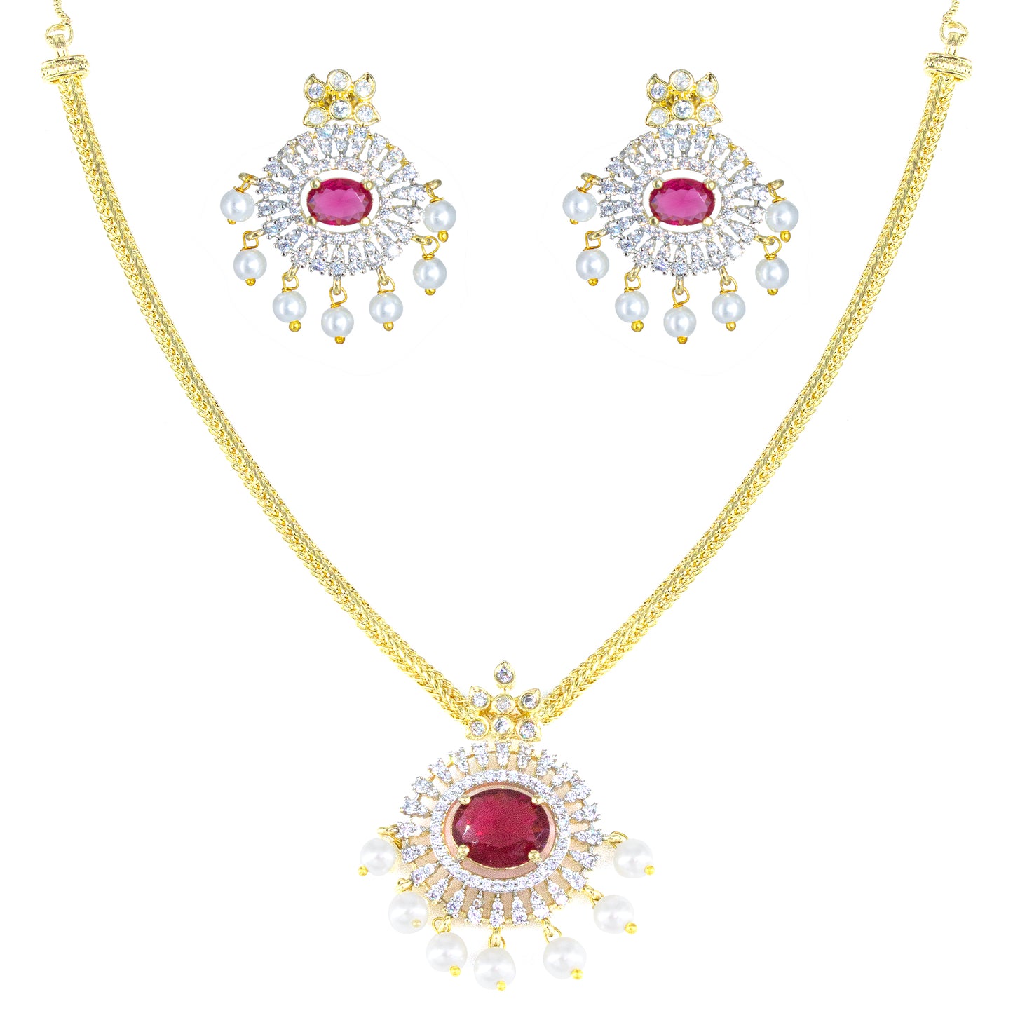 Gold Plated Ruby AD Faux Pearl Jewellery Set