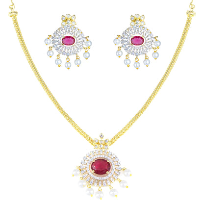 Gold Plated Ruby AD Faux Pearl Jewellery Set