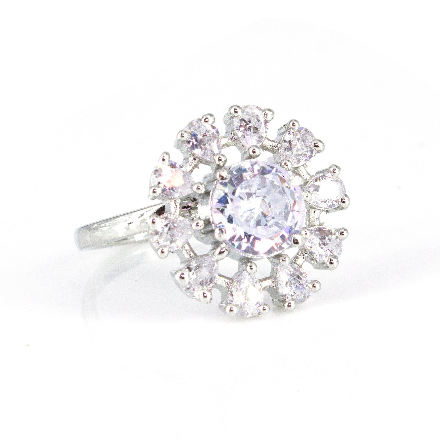 Silver Plated Floral AD Adjustable Ring For Women