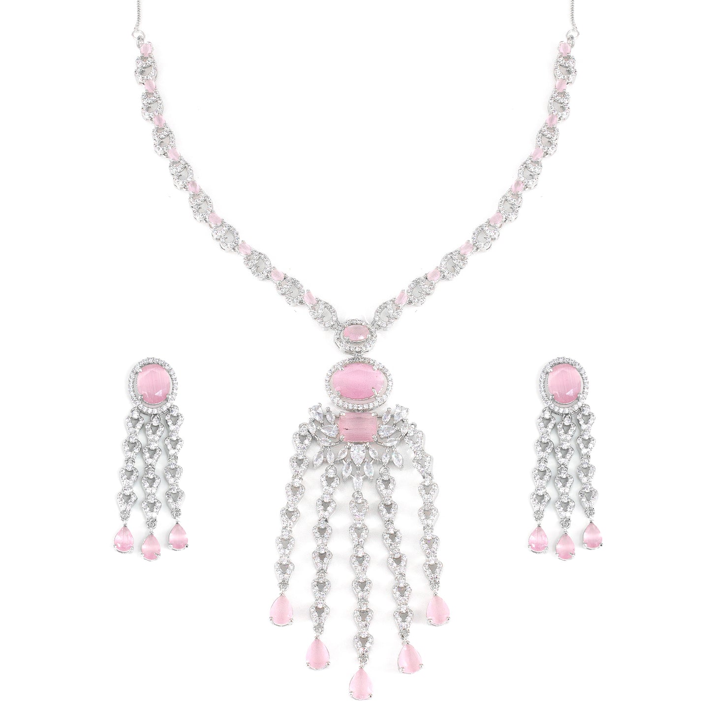 Rhodium Plated Pink Designer AD Jewellery Set