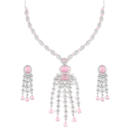 Rhodium Plated Pink Designer AD Jewellery Set