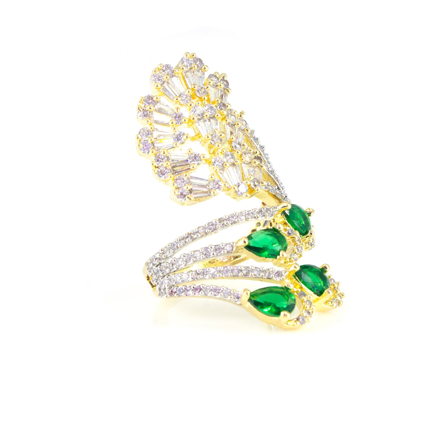 Gold Plated Green AD Adjustable Cocktail Ring For Women