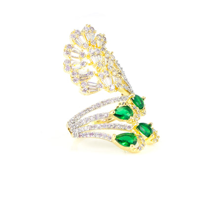 Gold Plated Green AD Adjustable Cocktail Ring For Women