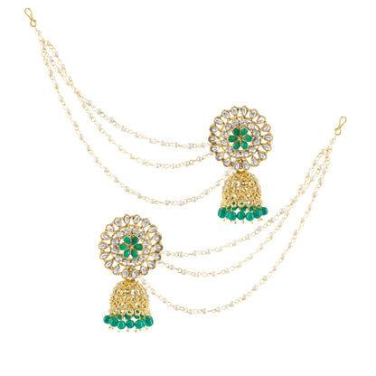Green Floral Jhumka Earrings With Chain