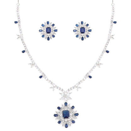 Silver Plated Blue Floral AD Jewellery Set