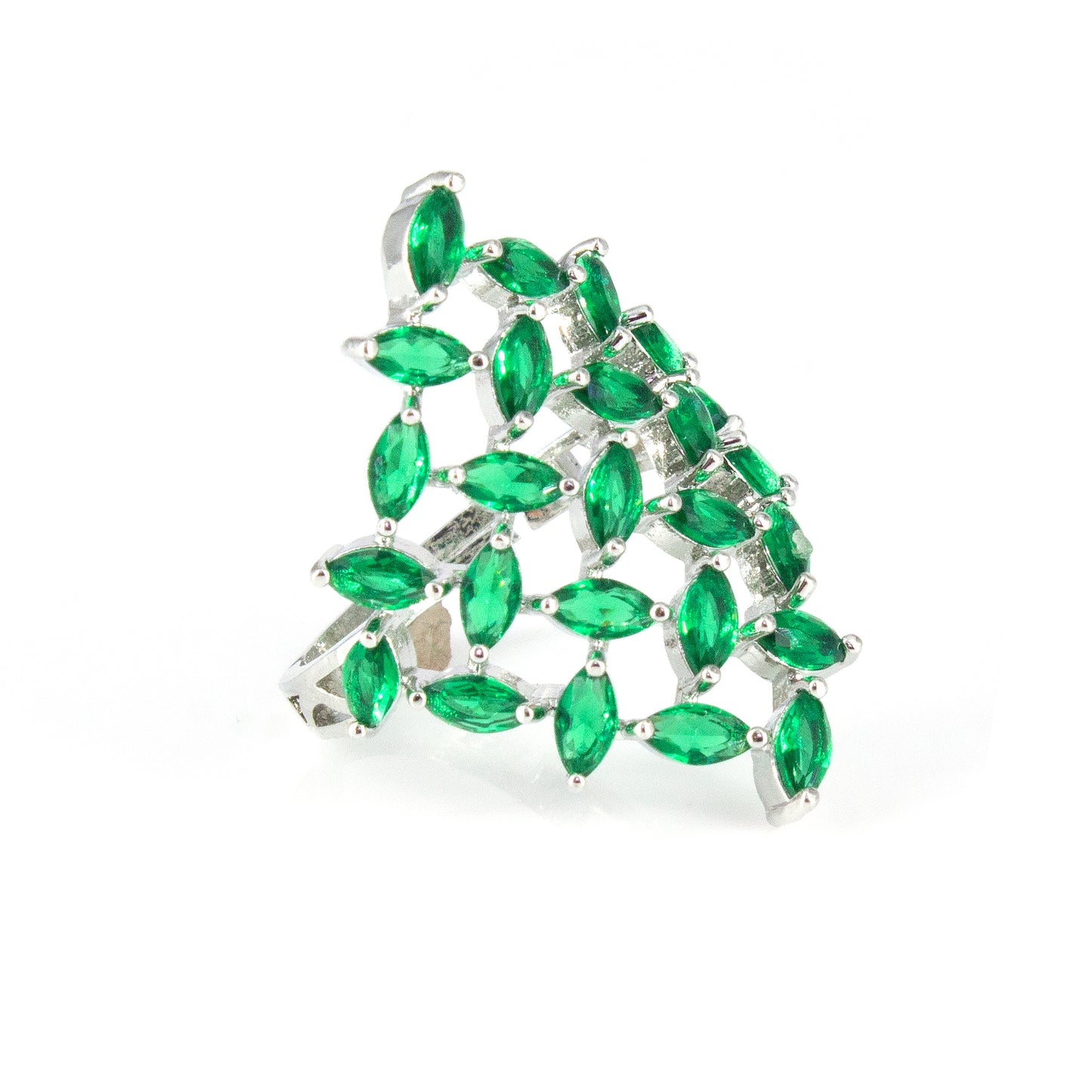 Silver Plated Green Petal AD Adjustable Ring For Women