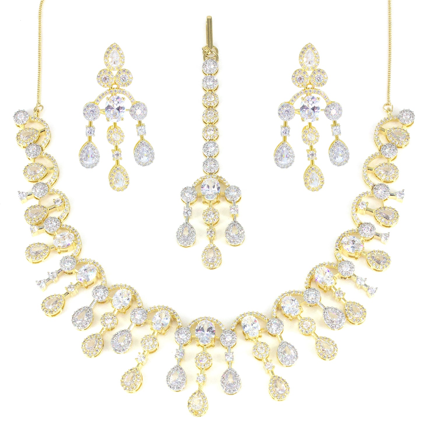 Gold Plated AD Semi Bridal Jewellery Set With Maang Tika For Women