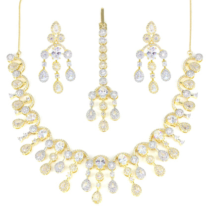 Gold Plated AD Semi Bridal Jewellery Set With Maang Tika For Women