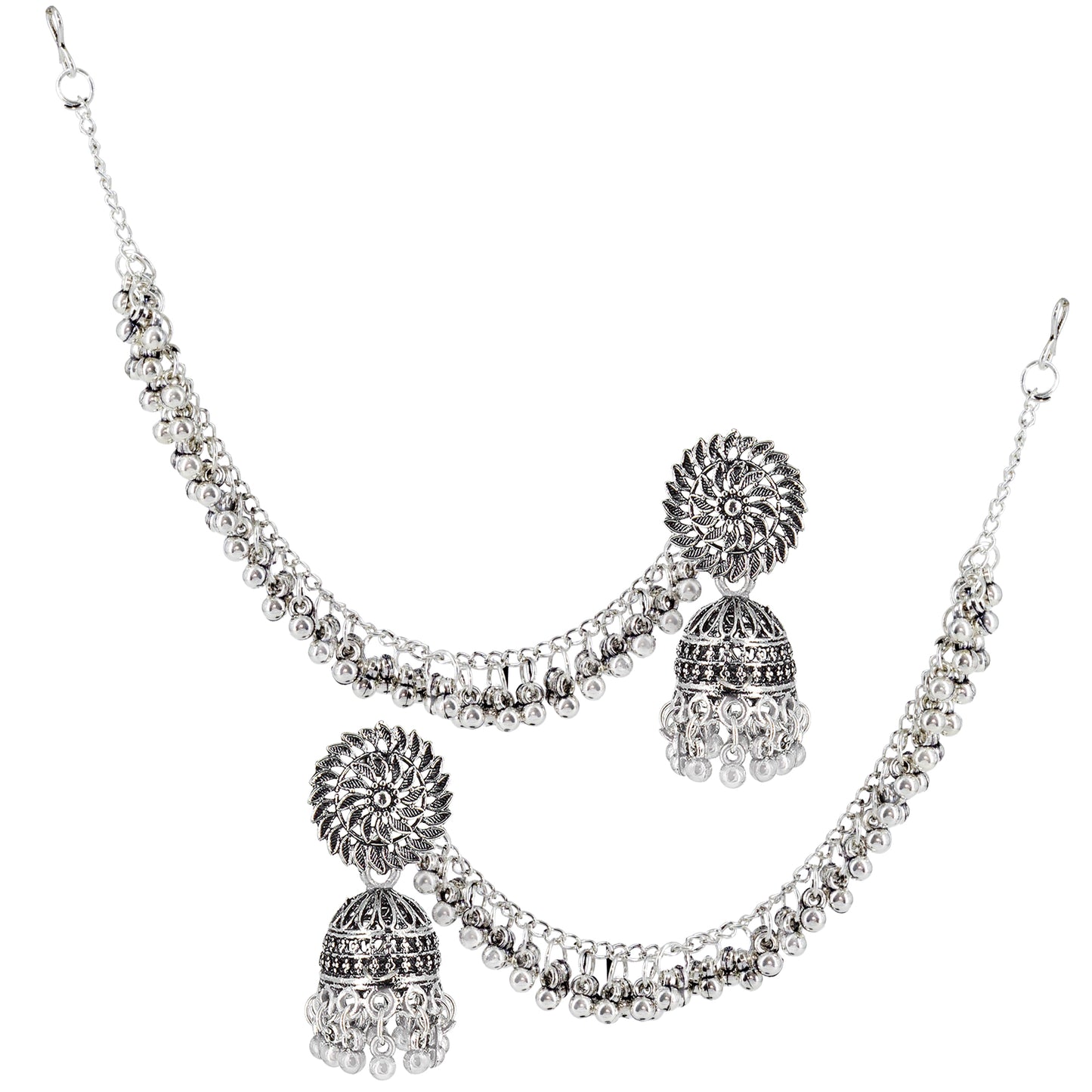 Silver-Oxidised Floral Jhumka Earrings With Ear Chain