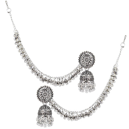 Silver-Oxidised Floral Jhumka Earrings With Ear Chain