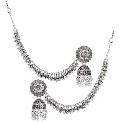 Silver-Oxidised Floral Jhumka Earrings With Ear Chain