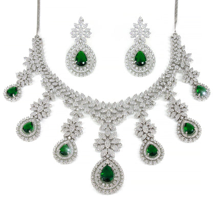 Rhodium-Plated Green Statement AD-Studded Bridal Jewellery Set