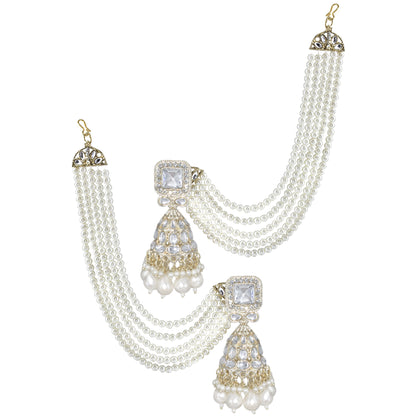 Gold-Plated Kundan-Studded Jhumka Earrings With Pearl-Beaded Hair Chain
