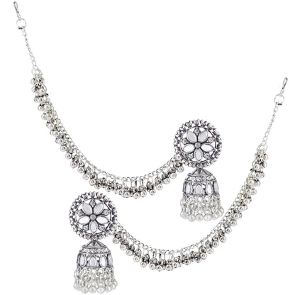 Silver-Oxidised Floral Mirror-Studded Jhumka Earrings With Hair Chain