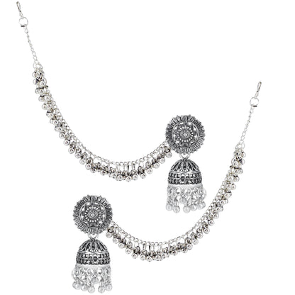Silver-Oxidised Floral Jhumka Earrings With Hair Chain