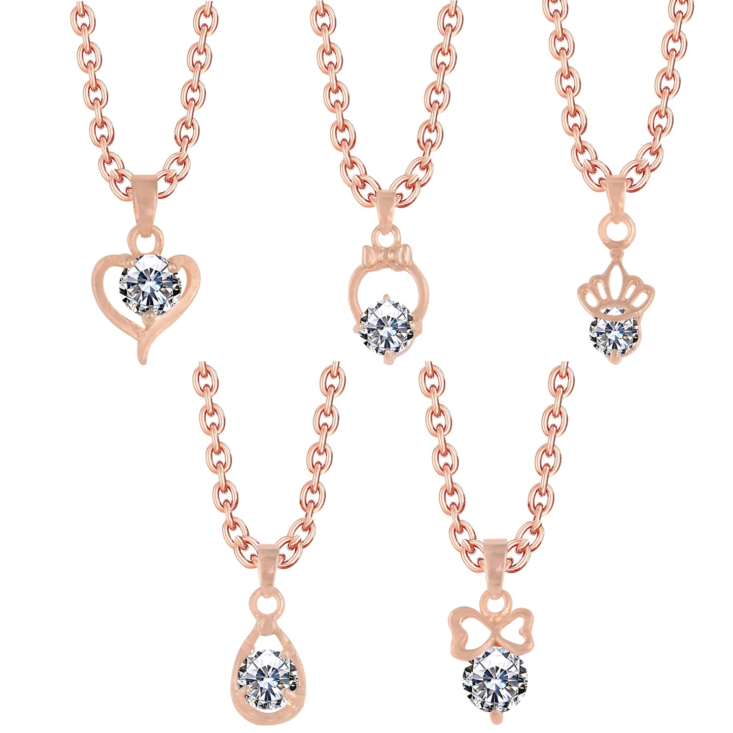 PRIVIU Teardrop, Heart, Round American Diamond Pendant Combo for Girls (Set of 5)