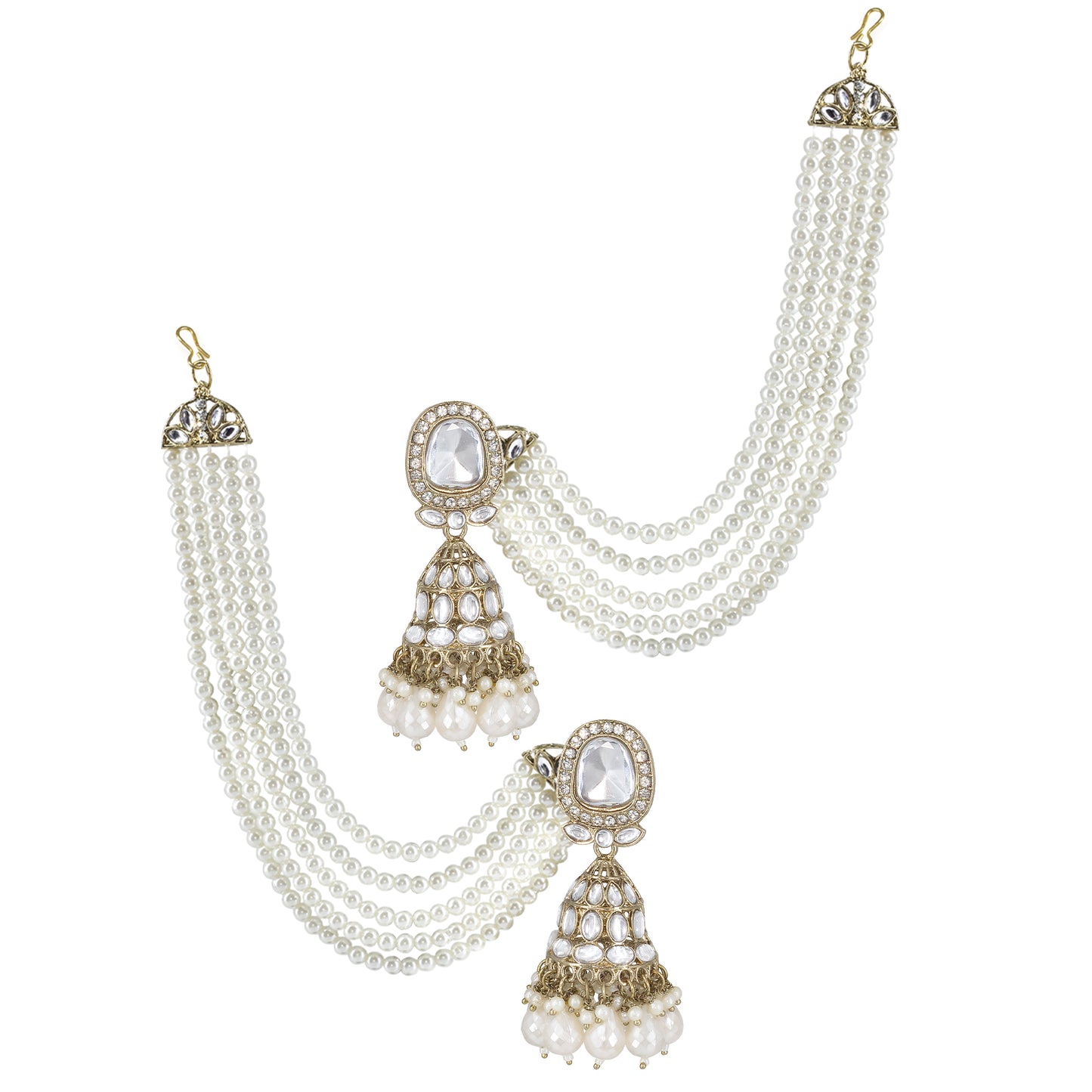 Gold-Plated Kundan-Studded Jhumka Earrings With Pearl-Beaded Hair Chain
