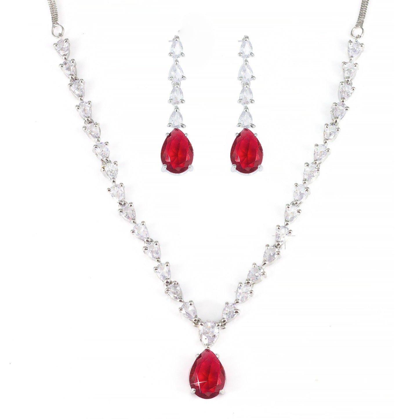 Red AD-Studded Teardrop Jewellery Set