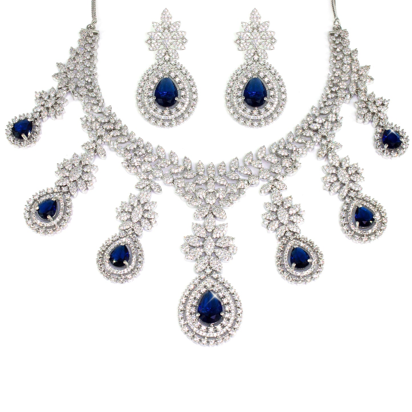 Rhodium-Plated Blue Statement AD-Studded Bridal Jewellery Set