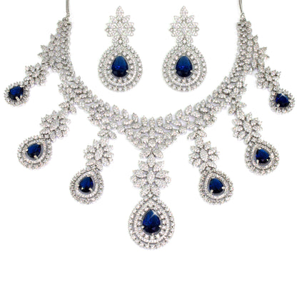 Rhodium-Plated Blue Statement AD-Studded Bridal Jewellery Set