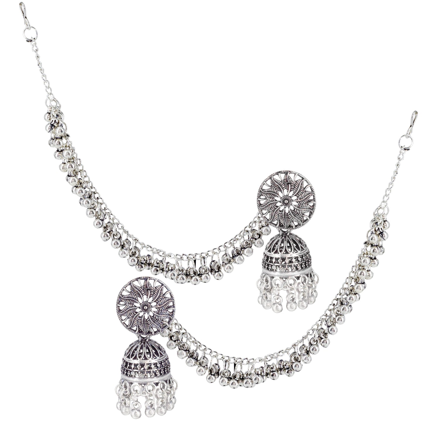 Silver-Oxidised Floral Jhumka Earrings With Ear Chain