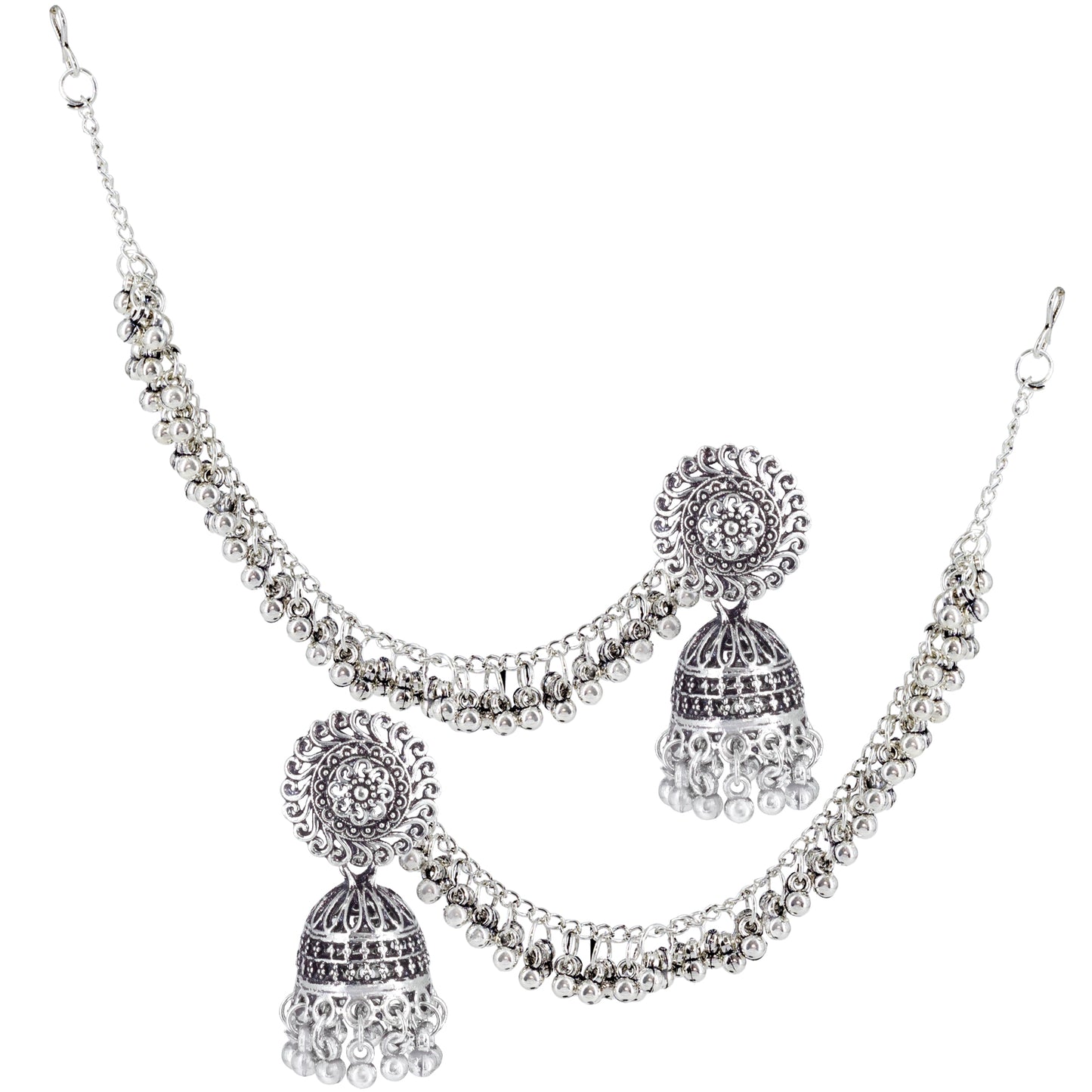 Silver-Oxidised Floral Jhumka Earrings With Ear Chain