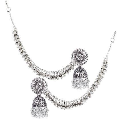 Silver-Oxidised Floral Jhumka Earrings With Ear Chain