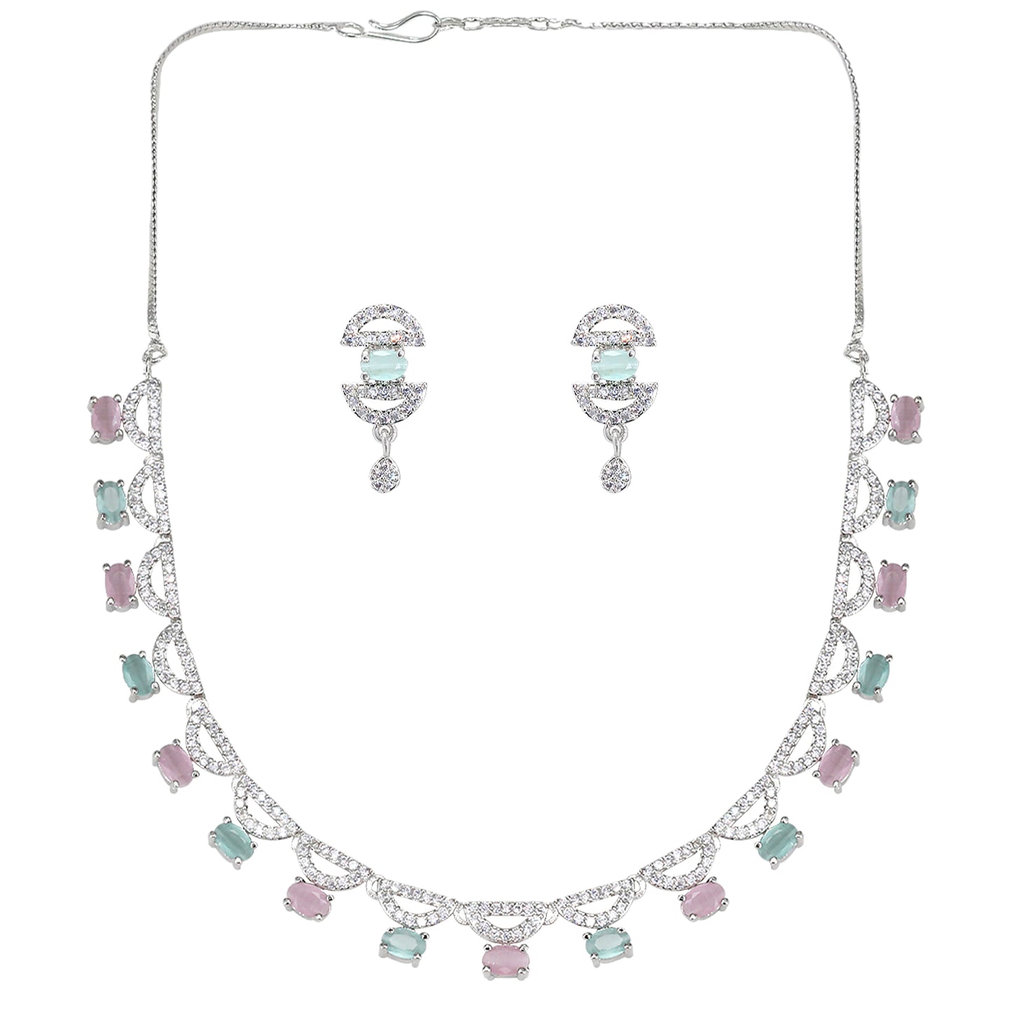 Pink & Mint Green AD Jewellery Set