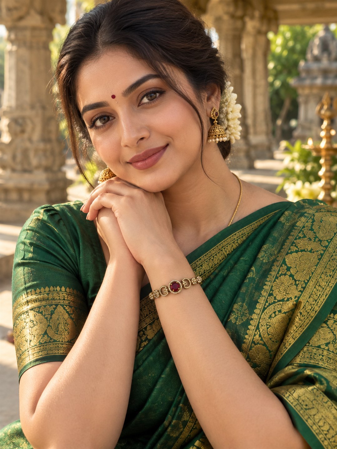 South Indian Gold Plated Red AD Adjustable Bracelet for Women